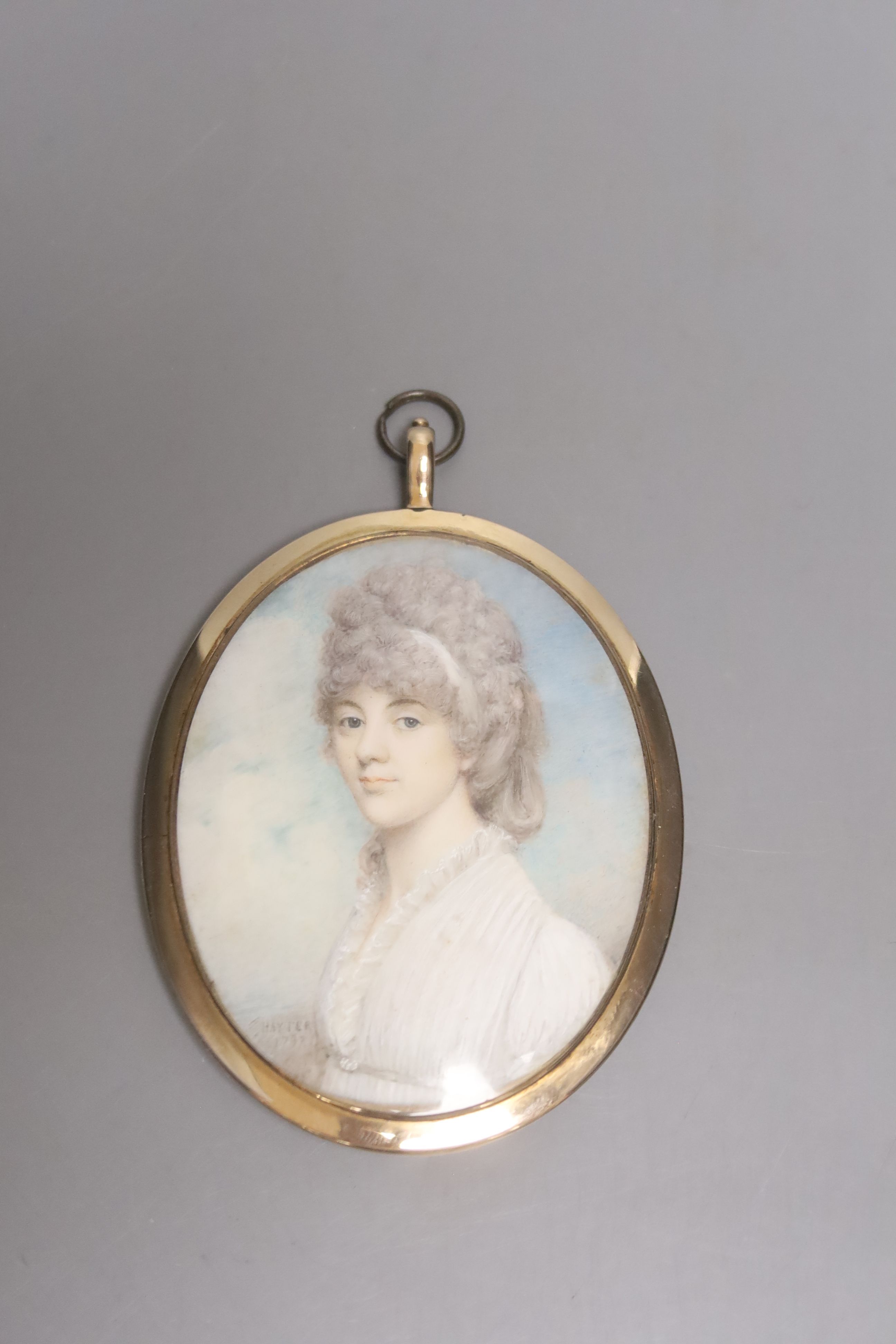 A portrait miniature on ivory of a lady by Charles Hayter, 1797; signed and dated, seed pearl tied hair back